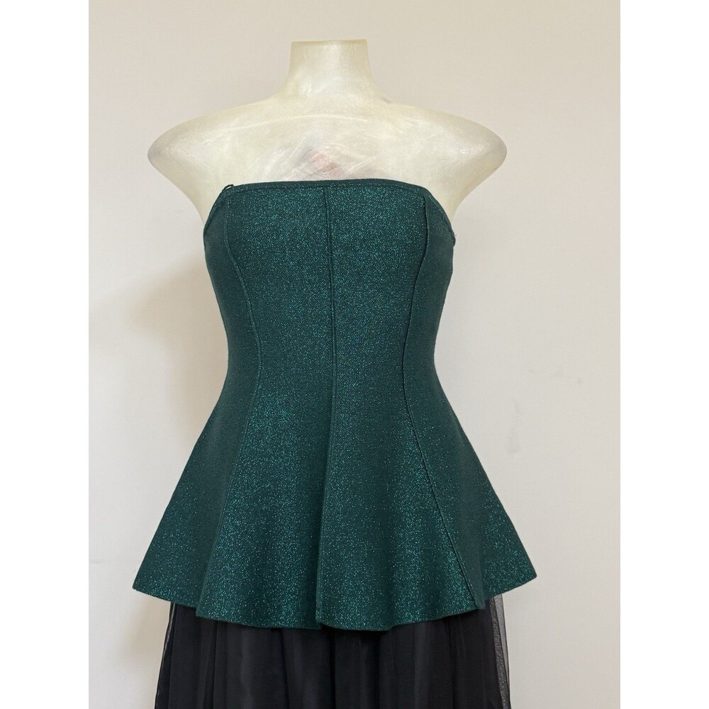 NWT Anthropologie Metallic Green Bustier Peplum Top XS Strappy Back Party